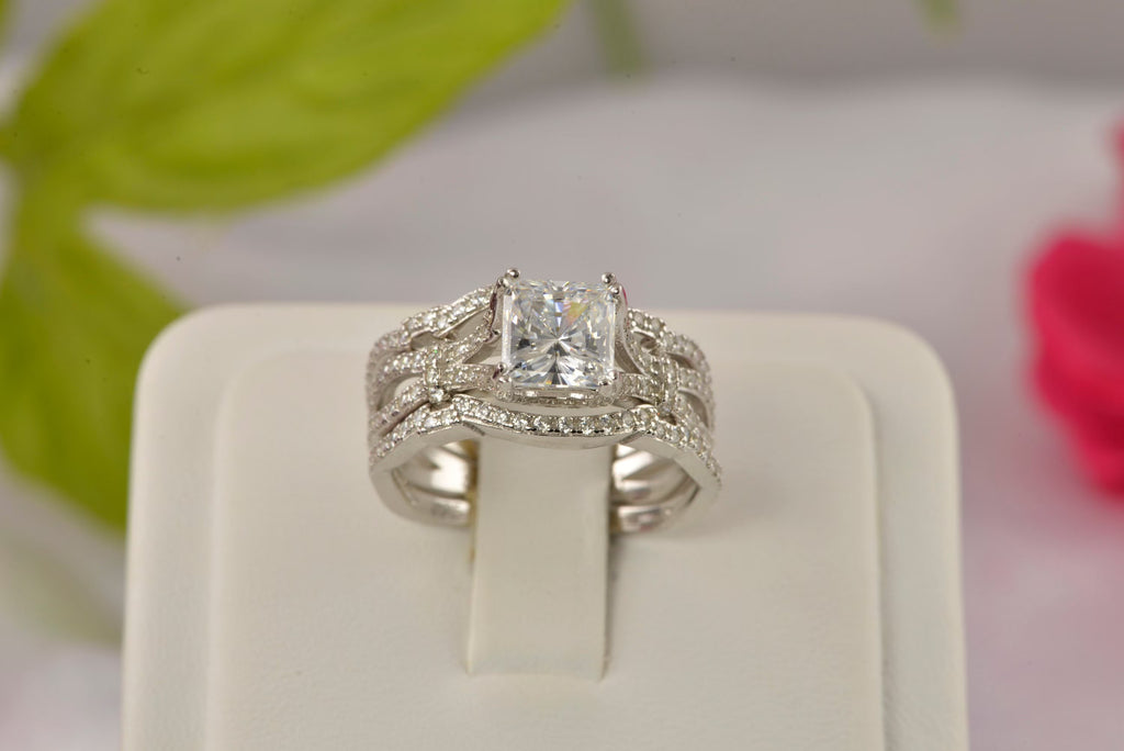 3pcs Princess Cut Diamond Simulated 925 Sterling Silver Bridal Set X47526