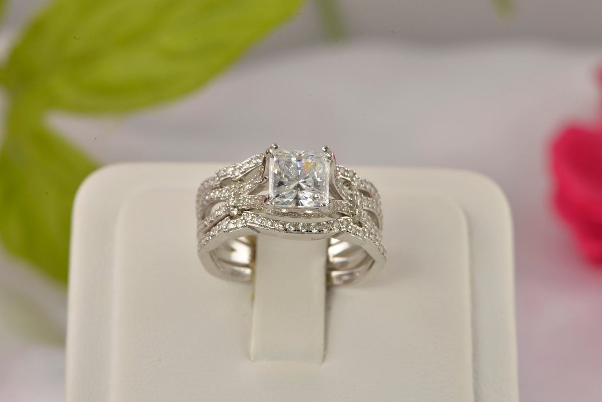 3pcs Princess Cut Diamond Simulated 925 Sterling Silver Bridal Set X47526