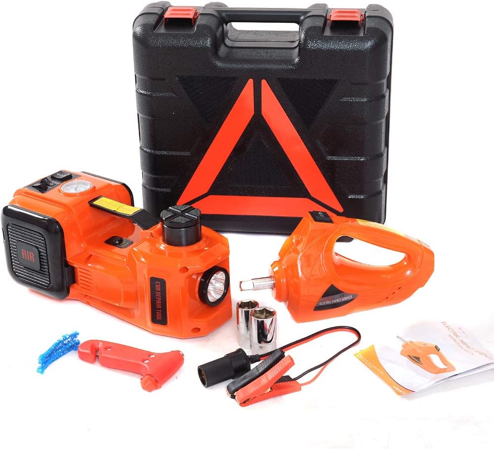 12V DC Electric Hydraulic Floor Jack and Tire Inflator Pump and LED Flashlight 3 in 1 Set with Electric Impact Wrench Car Repair Tool Kit N988