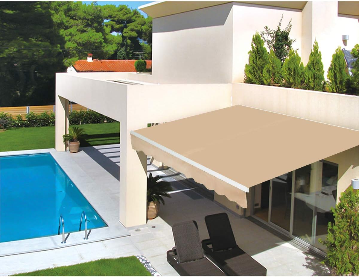 Beige Retractable Patio Awning with Manual Crank Handle E532425