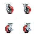 5 inch x 2 inch Polyurethane Wheel Caster Set - Red on Silver - 2 Swivel with Brakes and 2 Swivel O725