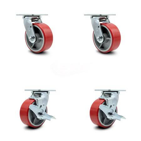 5 inch x 2 inch Polyurethane Wheel Caster Set - Red on Silver - 2 Swivel with Brakes and 2 Swivel O725