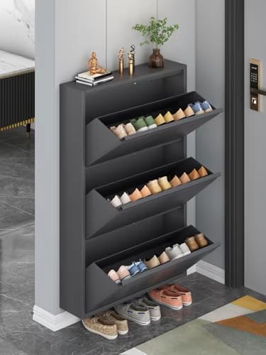 Black Grey Shoe Cabinet with 3 Flip Drawers Y2226