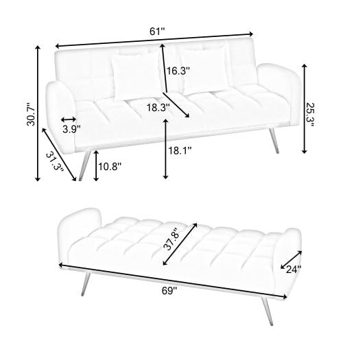 Green Convertible Futon Sofa with 2 Cupholders Adjustable Backrest O4698