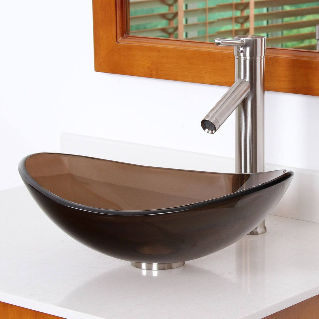 Oval Transparent Brown Tempered Glass Bathroom Vessel Sink with Chrome Finish Faucet G18840