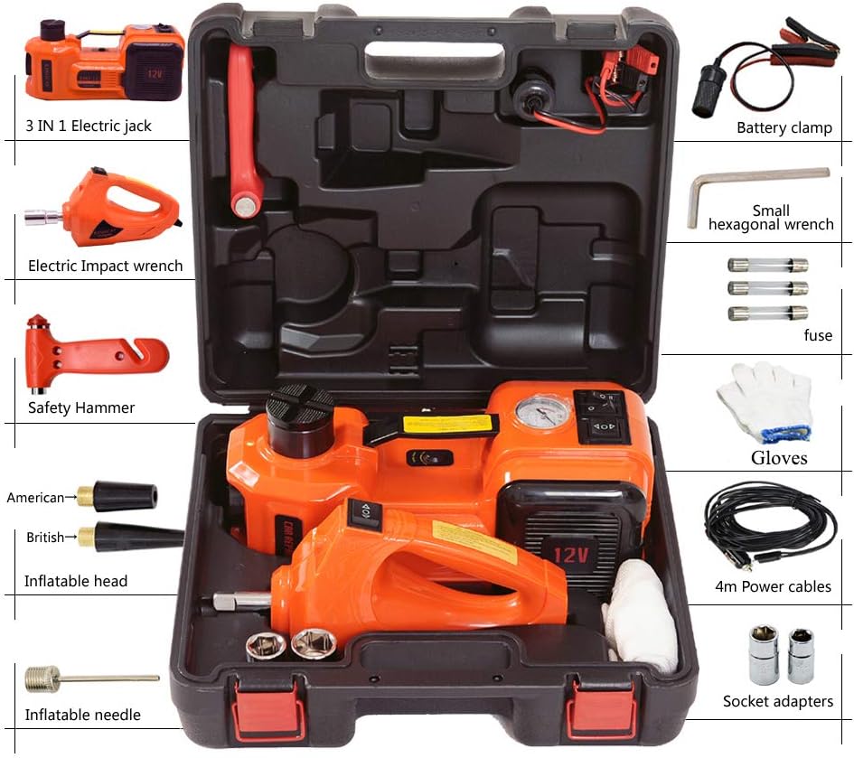 12V DC Electric Hydraulic Floor Jack and Tire Inflator Pump and LED Flashlight 3 in 1 Set with Electric Impact Wrench Car Repair Tool Kit N988