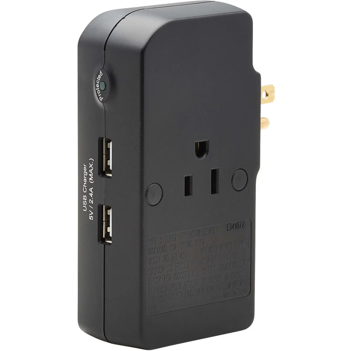 3-Outlet Surge Protector 2 USB Charging Ports Black P8136