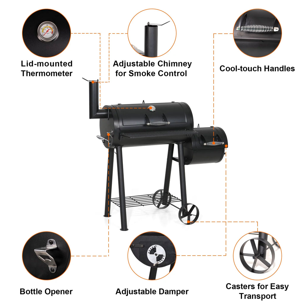 Steel BBQ Charcoal Grill with Offset Smoker in Black U577
