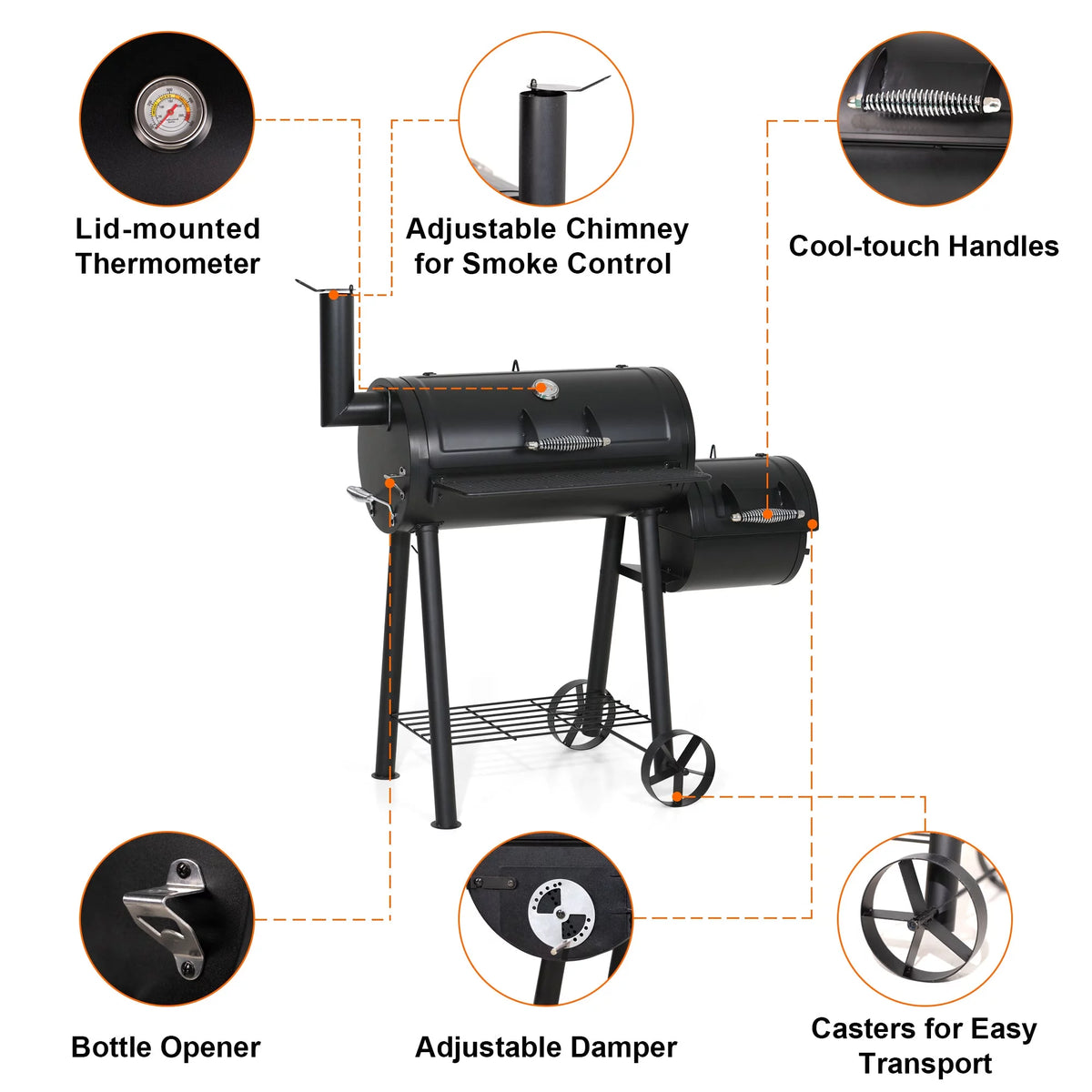 Steel BBQ Charcoal Grill with Offset Smoker in Black U577
