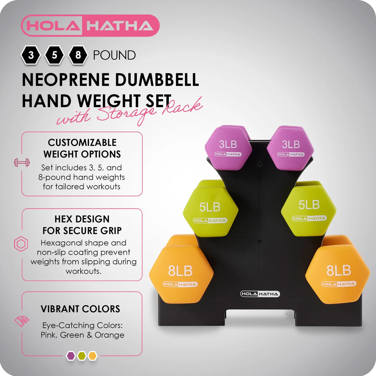 3, 5, and 8 Pound Dumbbell Hand Weight Set with Storage Rack Z3706