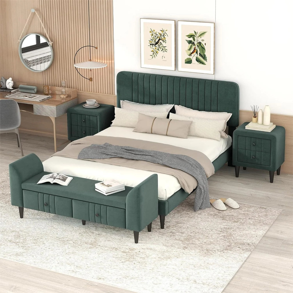 Queen Size Upholstered Platform Bed with Storage Bench N61497
