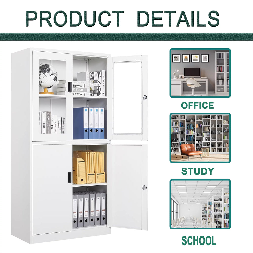 Metal Storage Cabinet with Glass Lockable Door and 2 Adjustable Shelves F52716
