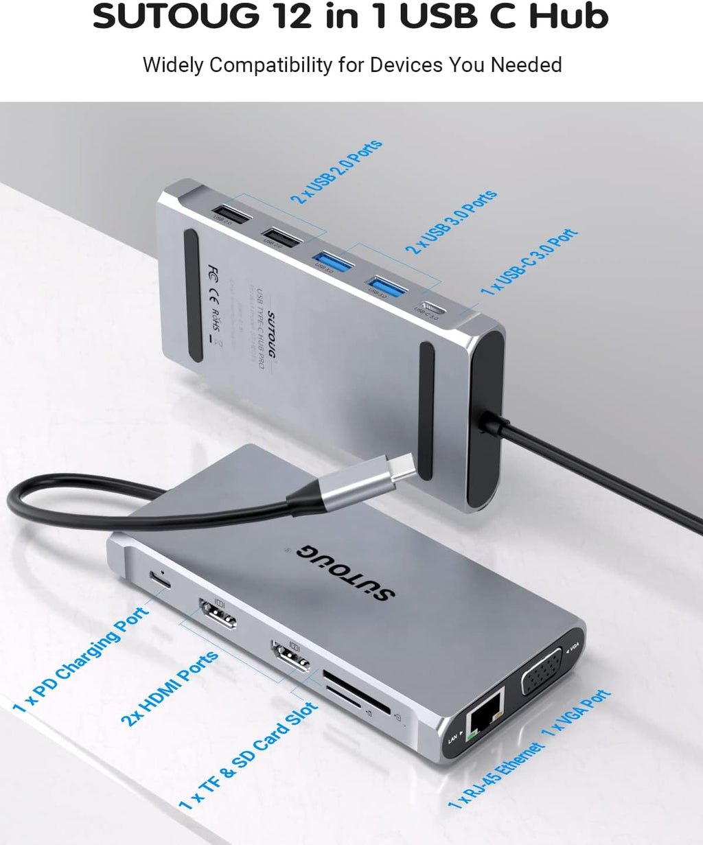 12 in 1 USB C Hub with Dual HDMI 4K VGA Ethernet PD 3.0 USB-C 3.0 TF/SD Card Slot S91078
