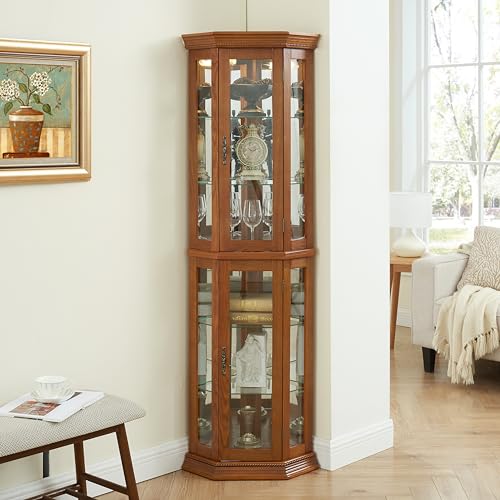 OAK Corner Curio Cabinet with Tempered Glass Door C9546