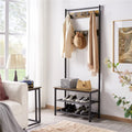 Rustic Brown Wooden Entryway Coat Rack with Shoe Storage Bench V918