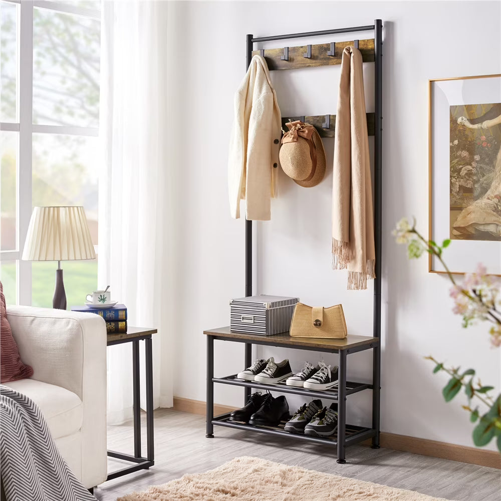 Rustic Brown Wooden Entryway Coat Rack with Shoe Storage Bench V918