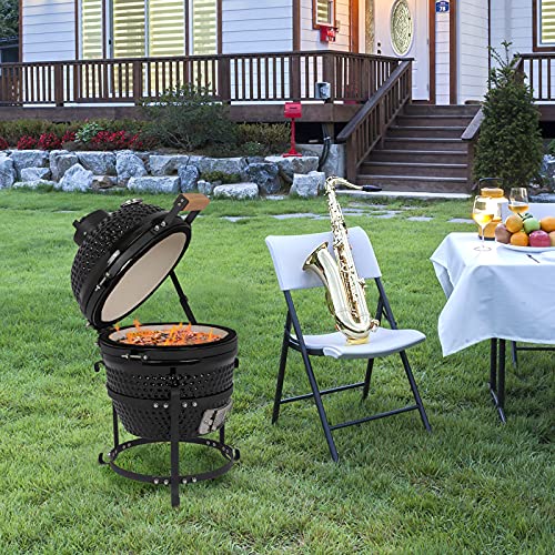 13in Round Ceramic Charcoal Grill with Thermometer, Black F798