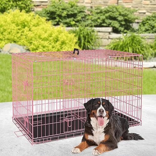 42 Inch Folding Metal Wire Dog Crate with Divider Panel, Removable Tray, Black L304613