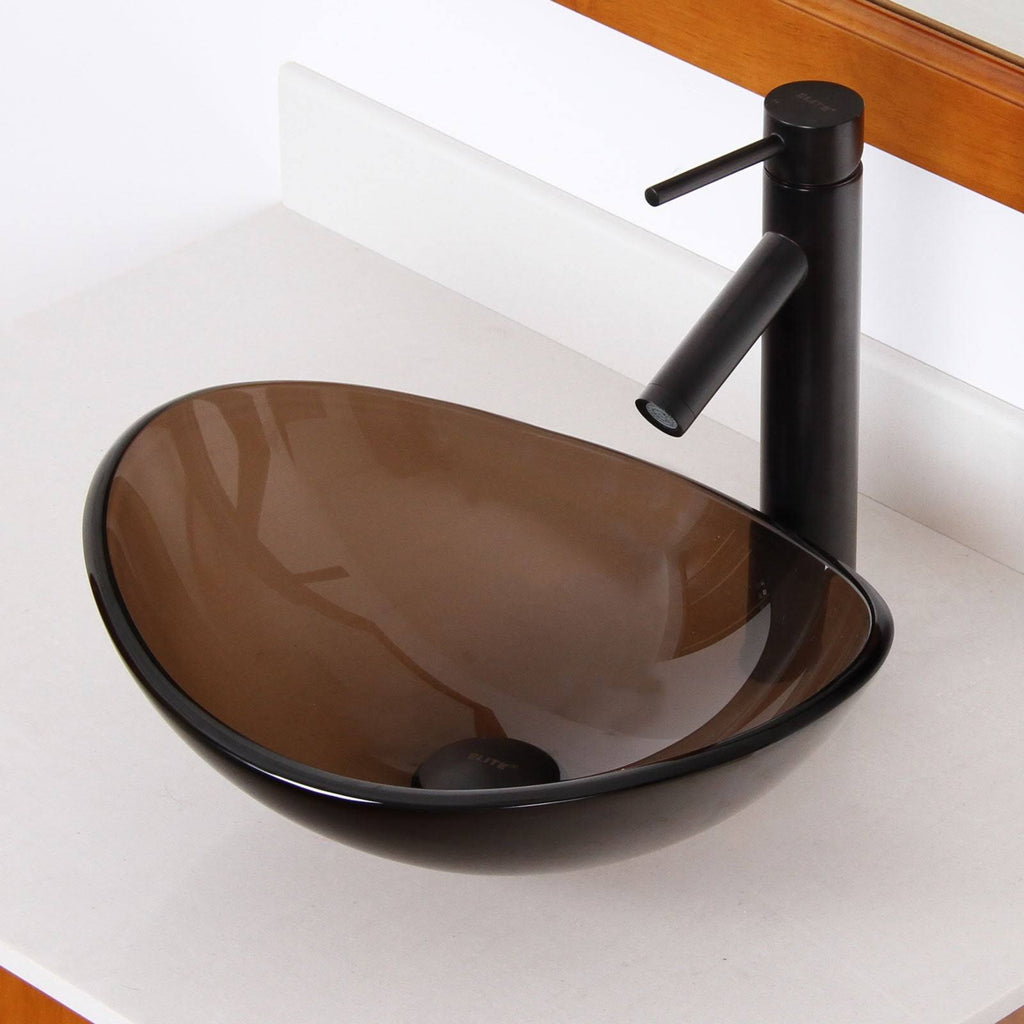 Oval Transparent Brown Tempered Glass Bathroom Vessel Sink with Chrome Finish Faucet G18840