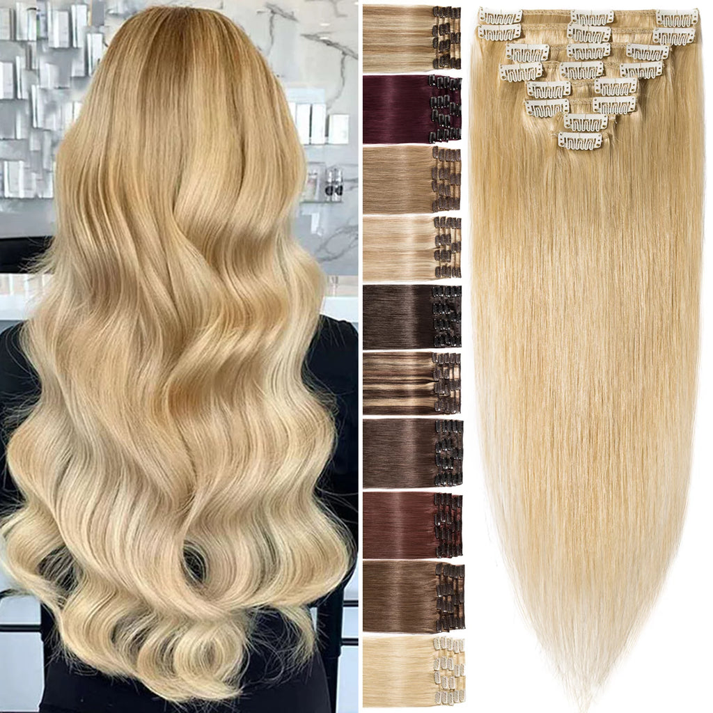 Human Hair Extensions Clip In Natural Blonde Straight H4075