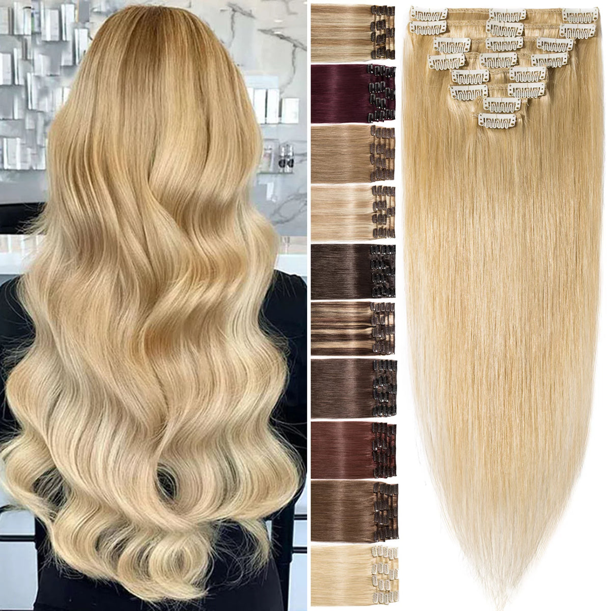 Human Hair Extensions Clip In Natural Blonde Straight H4075