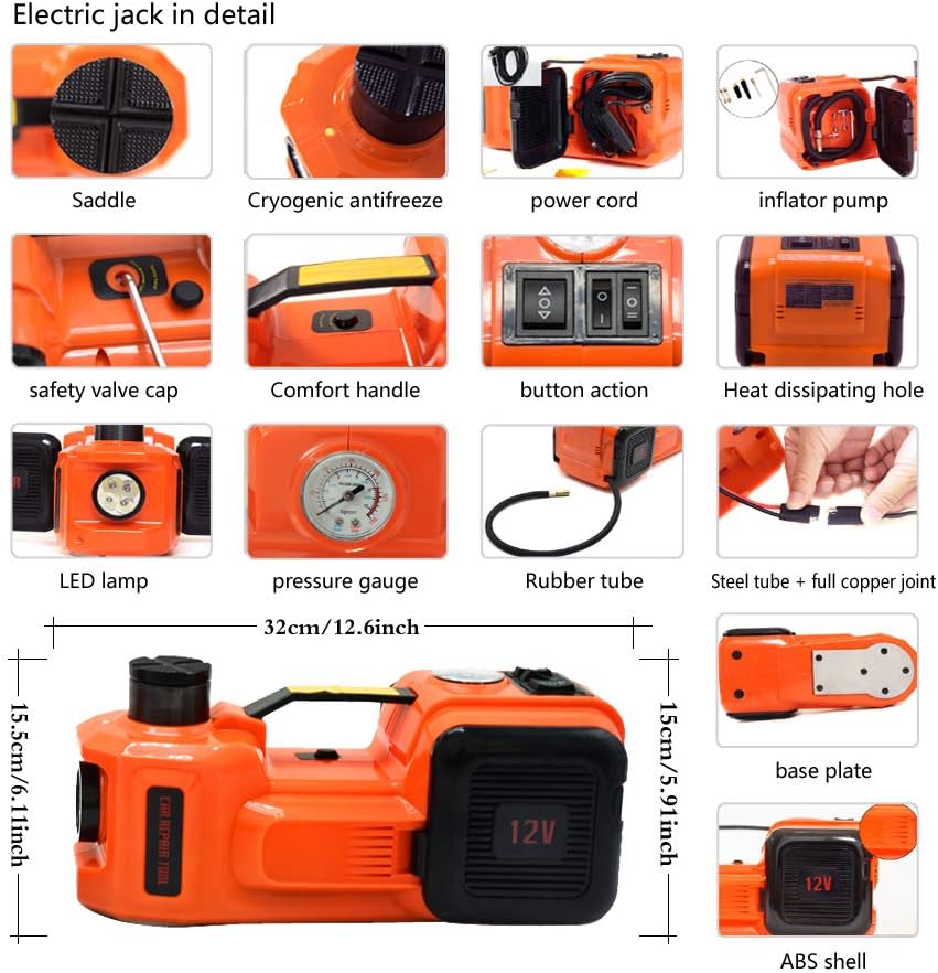 12V DC Electric Hydraulic Floor Jack and Tire Inflator Pump and LED Flashlight 3 in 1 Set with Electric Impact Wrench Car Repair Tool Kit N988