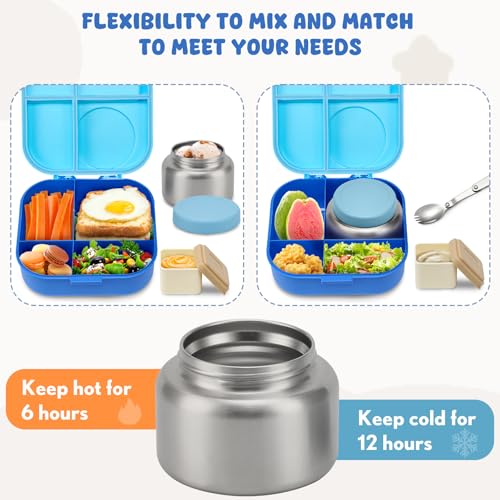 Bento Lunch Box for Kids, 4 Compartments, 12oz Soup Thermo, BPA Free, Leak proof, Blue Q91991