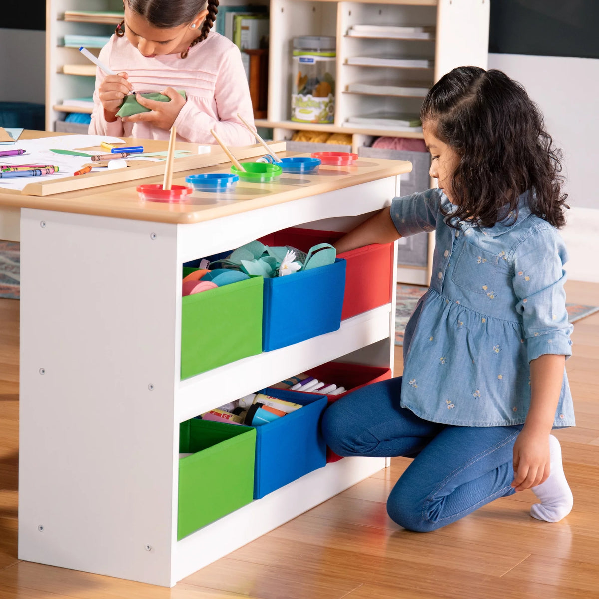Kids Activity Table and Drawing Desk with Stools, Storage Canvas Bins, Paper Roller, and Paint Cups N8979