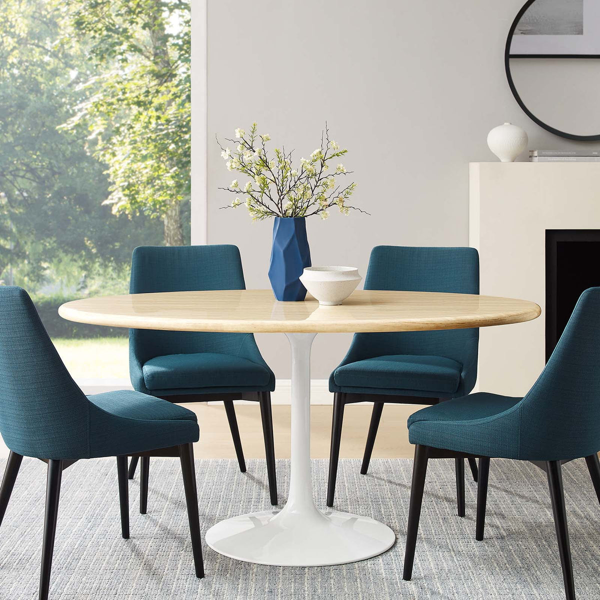 White Oval Artificial Travertine Dining Table Z665967
