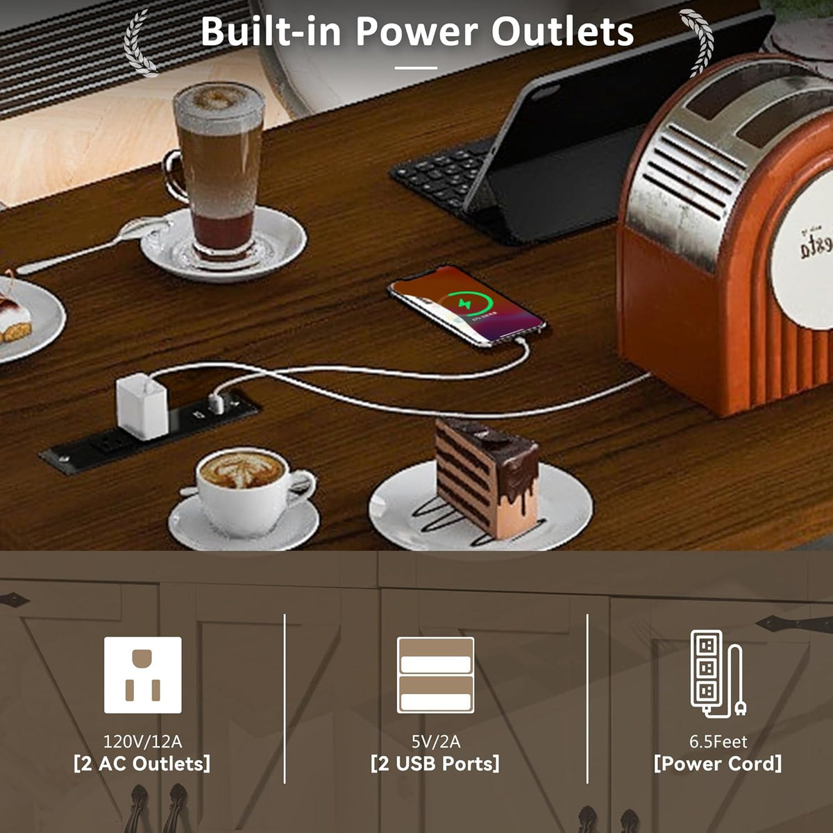 White Kitchen Island with Power Outlet and Drop Leaf X636