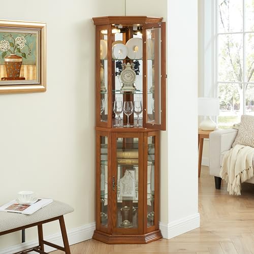 OAK Corner Curio Cabinet with Tempered Glass Door C9546