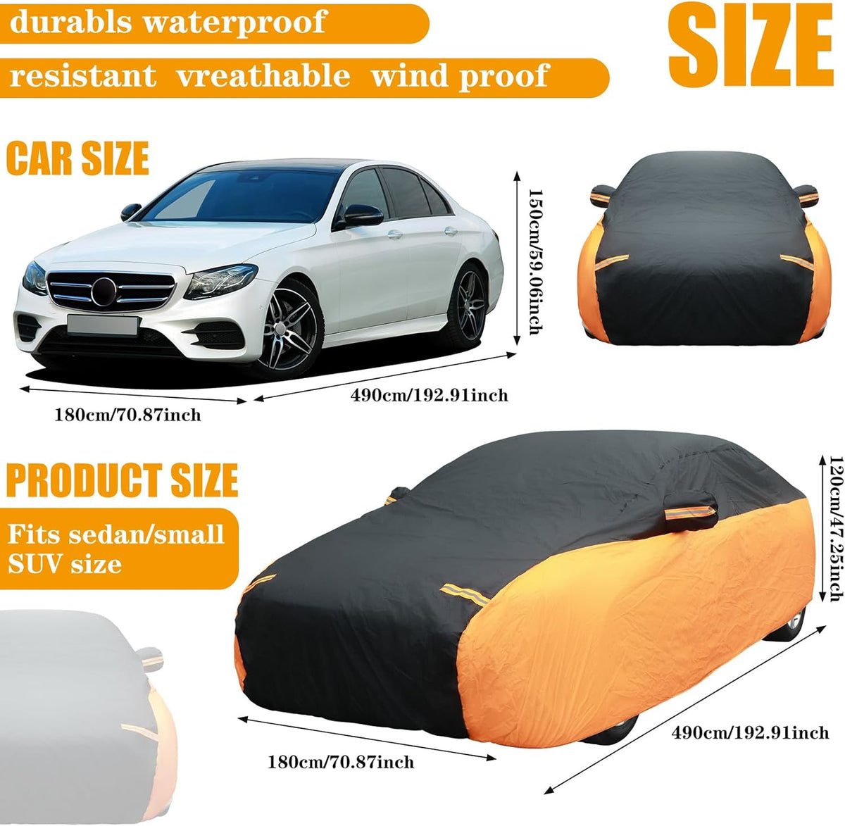 Black Orange Waterproof Full Car Cover for Sedan Length 194-208'' Height 59'' Q7088
