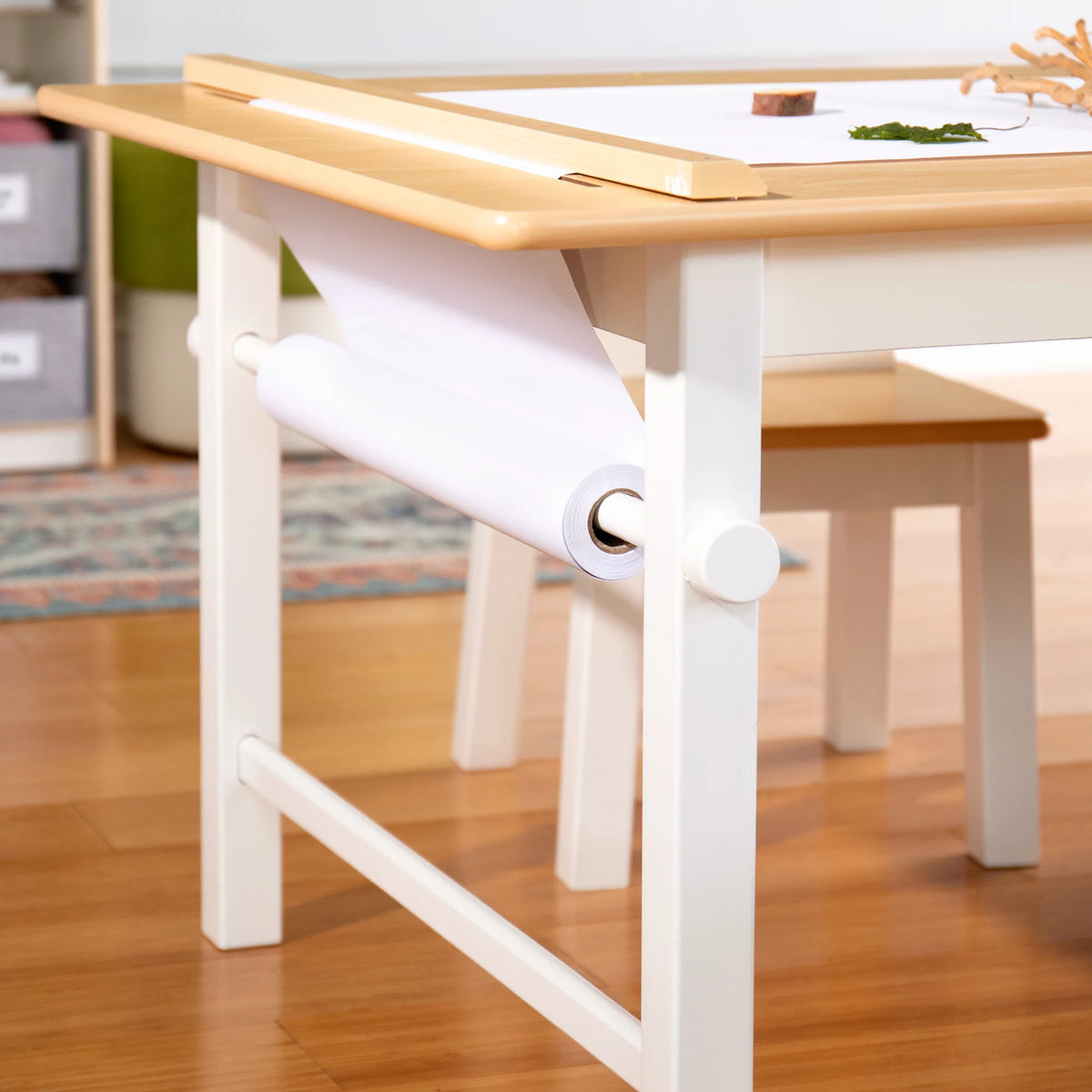 Kids Activity Table and Drawing Desk with Stools, Storage Canvas Bins, Paper Roller, and Paint Cups N8979