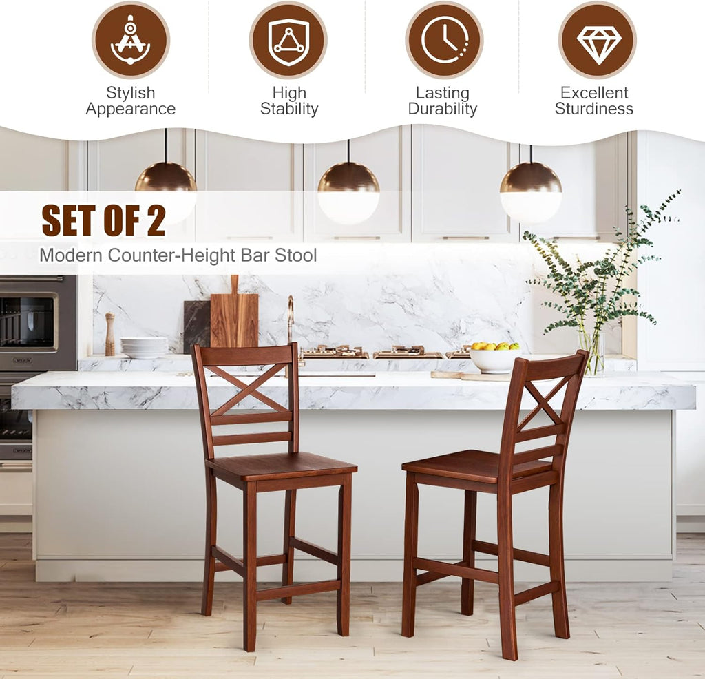 Set of 2 25'' Counter Height Bar Stools with Wooden Backrest R5913