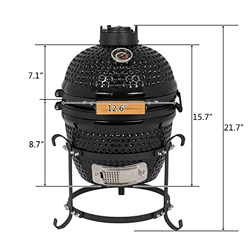 13in Round Ceramic Charcoal Grill with Thermometer, Black F798