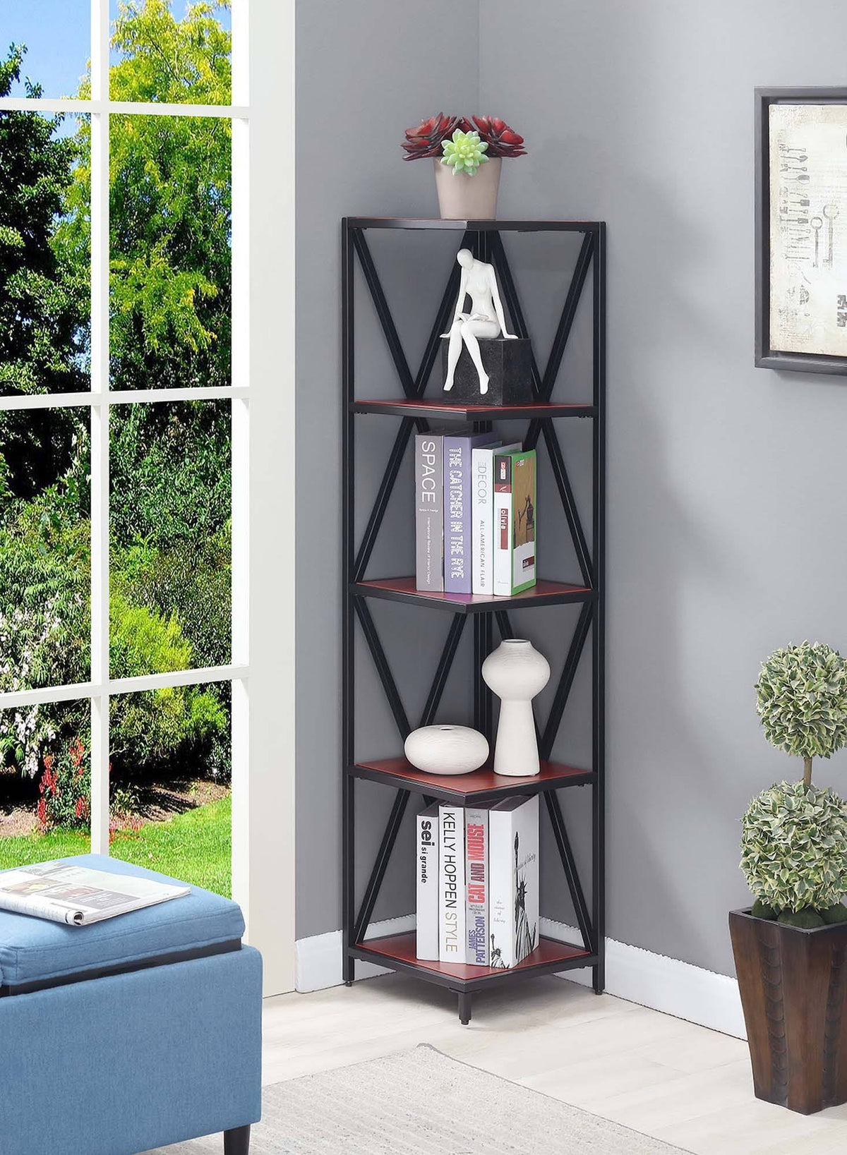 Weathered Gray / Black Metal 5 Tier Corner Bookcase X8724