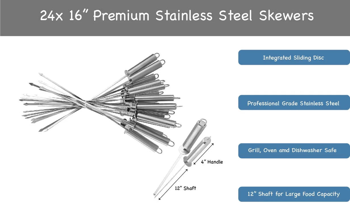 16" Stainless Steel BBQ Skewers 24-Pack N7249