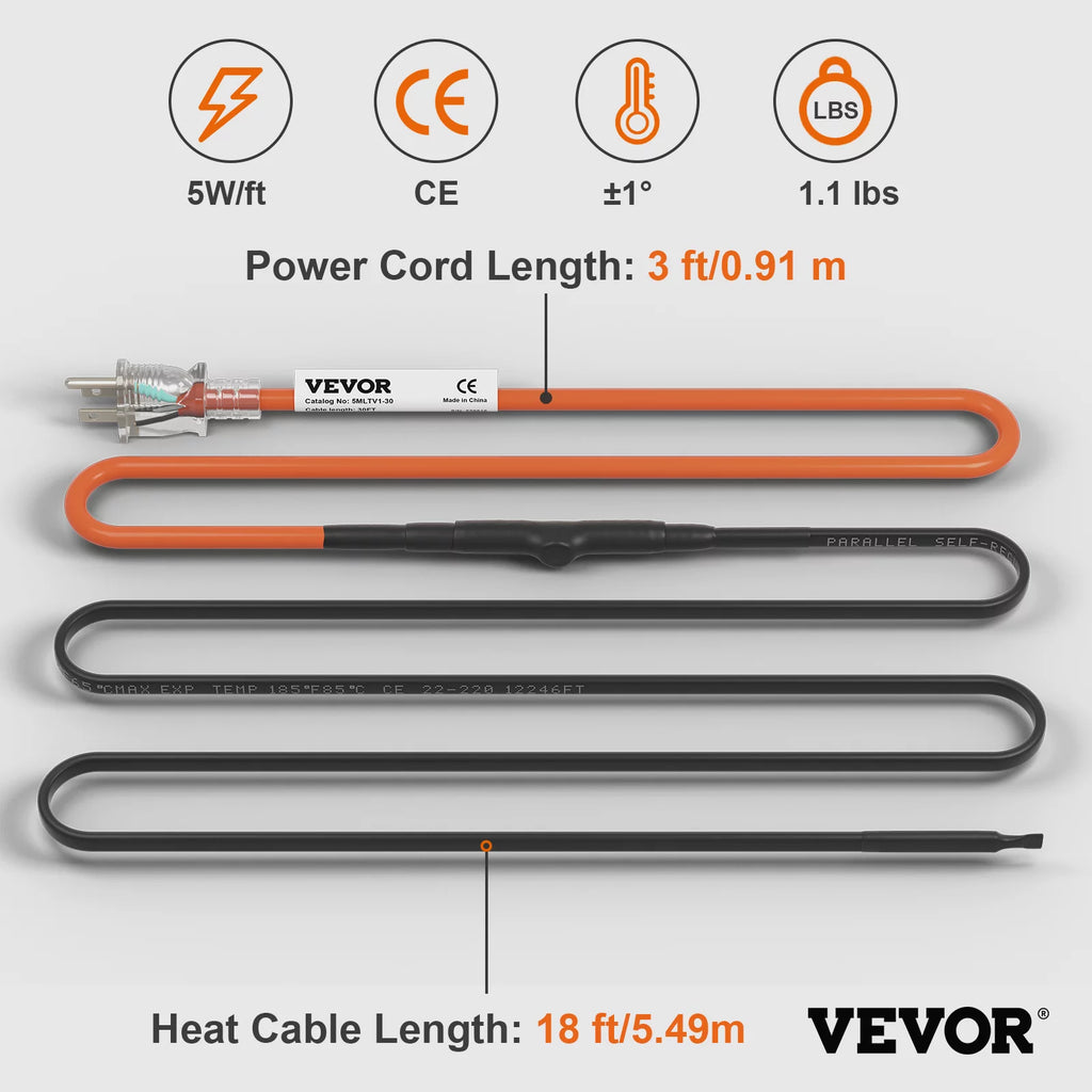 18-feet 5W/ft Self-Regulating Pipe Heating Cable D166186