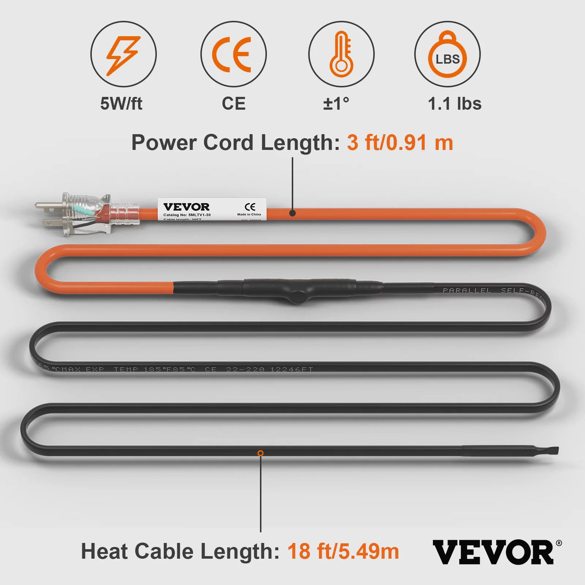 18-feet 5W/ft Self-Regulating Pipe Heating Cable D166186
