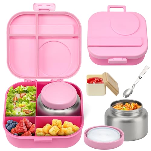 Bento Lunch Box for Kids, 4 Compartments, 12oz Soup Thermo, BPA Free, Leak proof, Blue Q91991