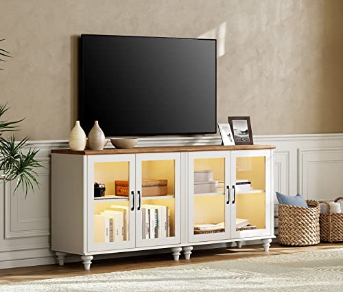 Off White Wood TV Stand with Yellow LED Light and Glass Door T406