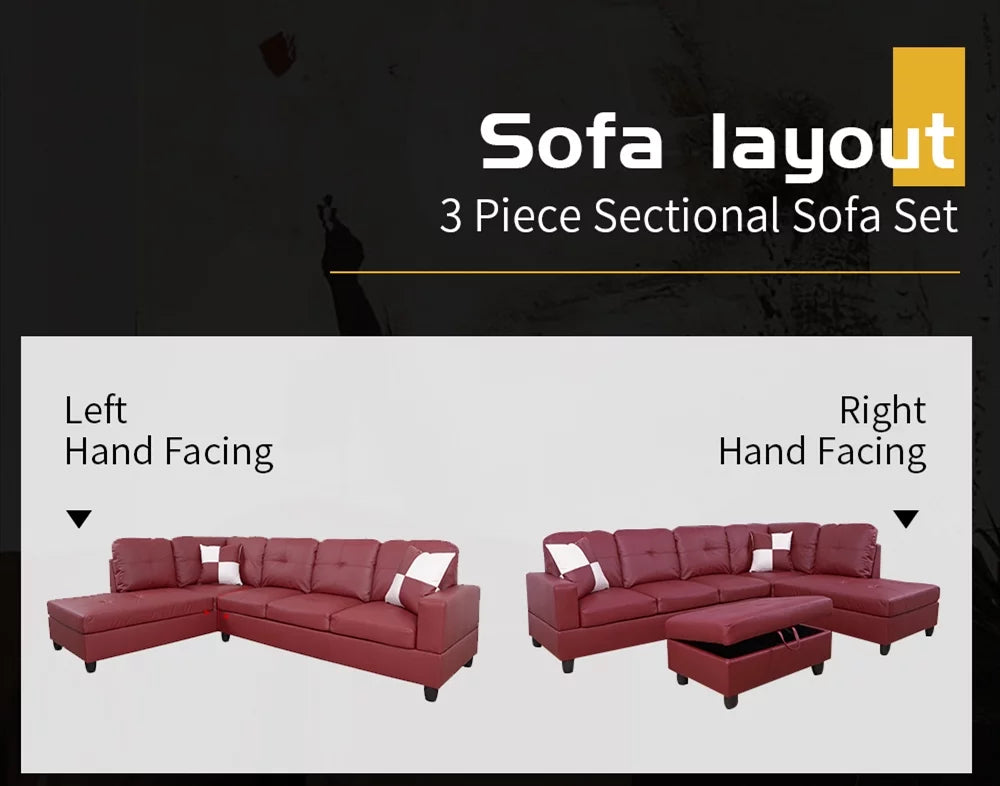 Red Left Facing Faux Leather Sectional Sofa with Ottoman D5328
