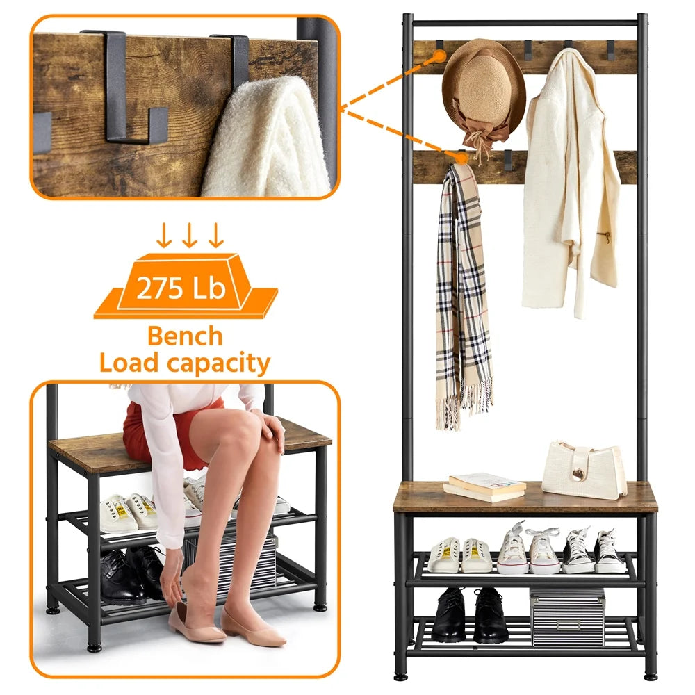 Rustic Brown Wooden Entryway Coat Rack with Shoe Storage Bench V918