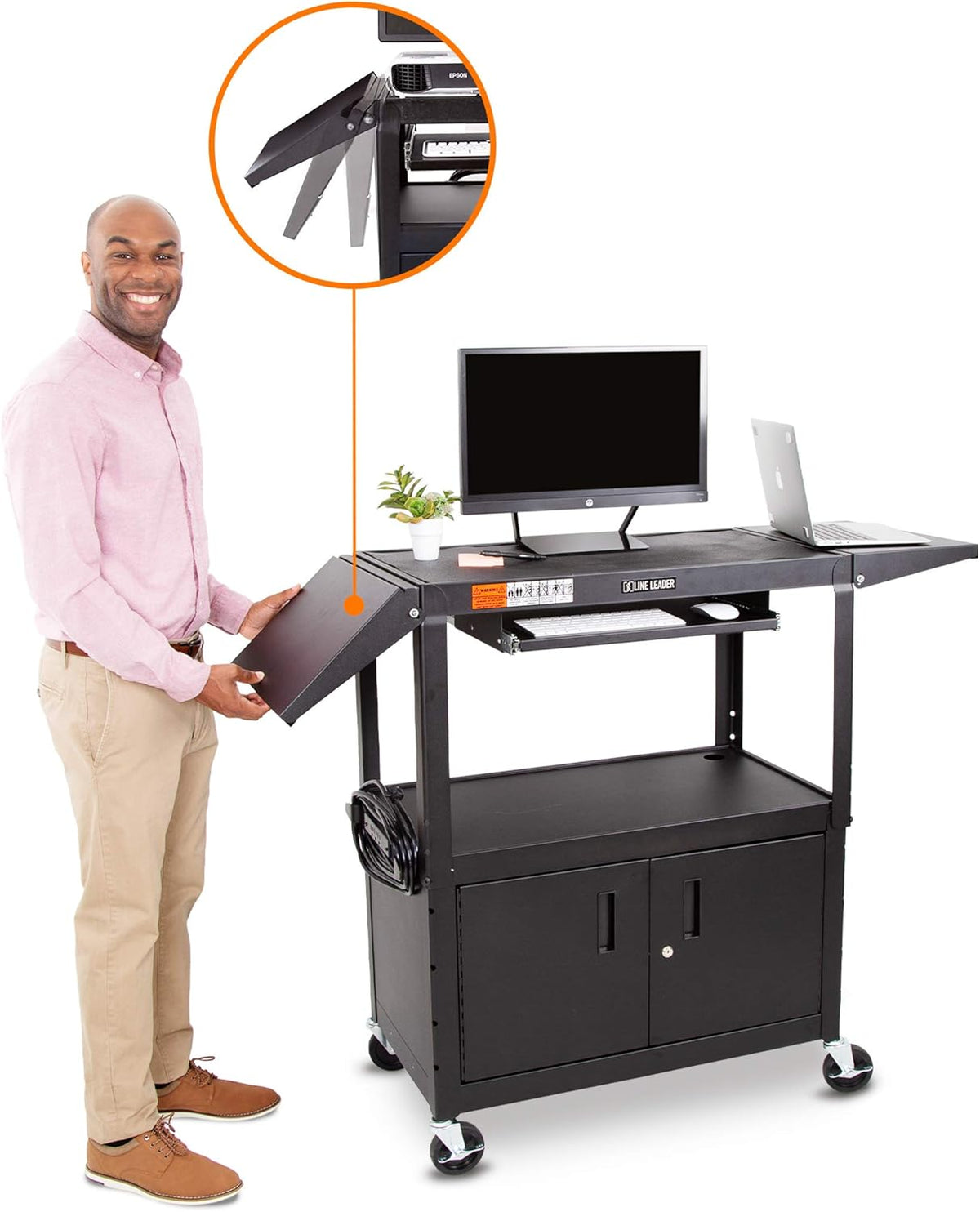 Large AV Cart with Locking Cabinet & Drop Leaves, Height Adjustable Utility Cart, Includes Pullout Keyboard Tray & Cord Management (54in x 18in x 42in / Black) S6921