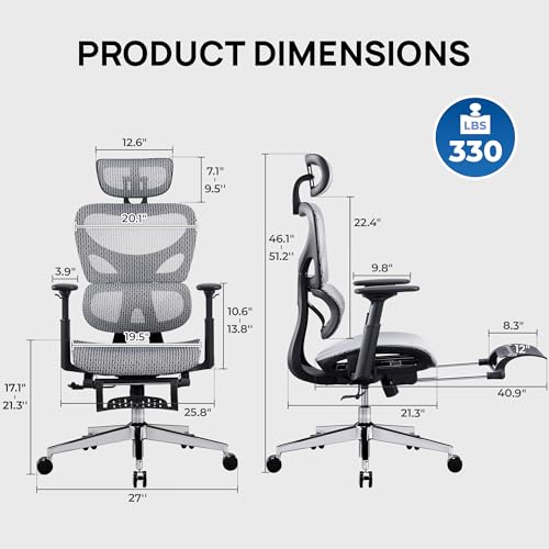 Grey and Black Mesh Ergonomic Office Chair with Footrest J347