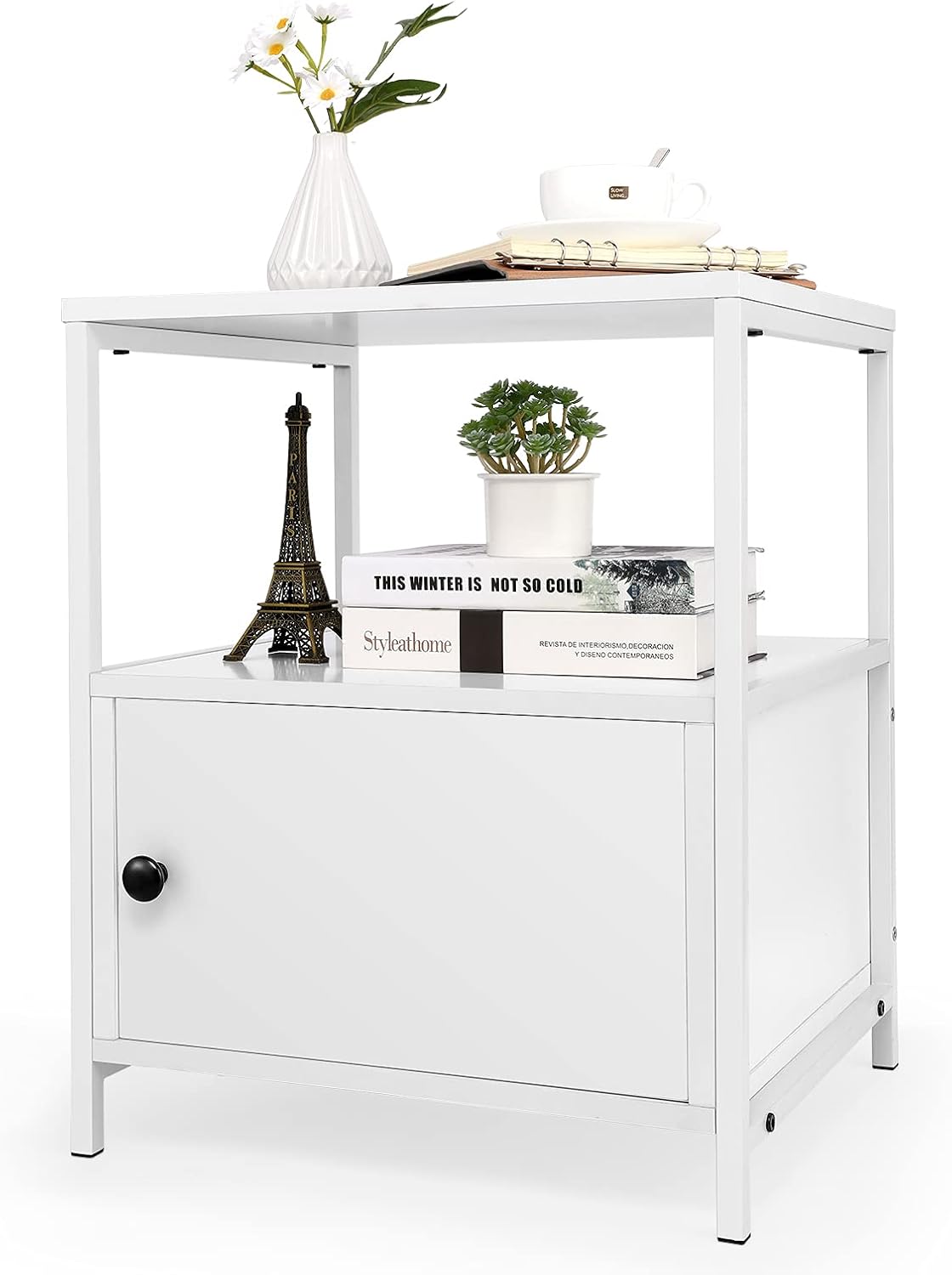White 3-Tier Wooden Nightstand with Storage Cabinet and Open Shelf D249305