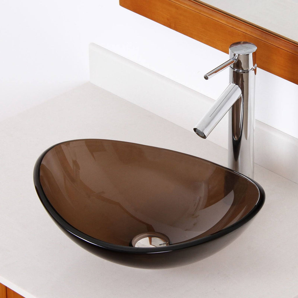 Oval Transparent Brown Tempered Glass Bathroom Vessel Sink with Chrome Finish Faucet G18840