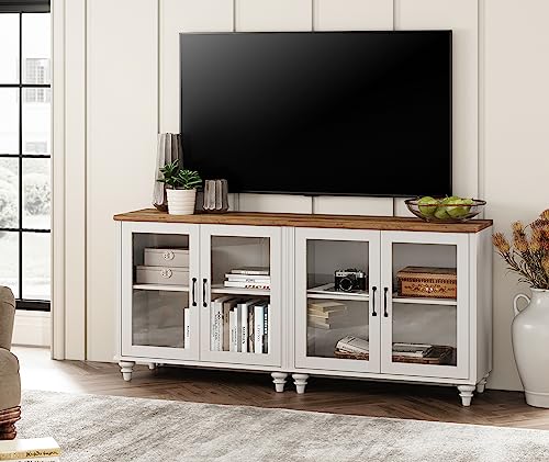 Off White Wood TV Stand with Yellow LED Light and Glass Door T406