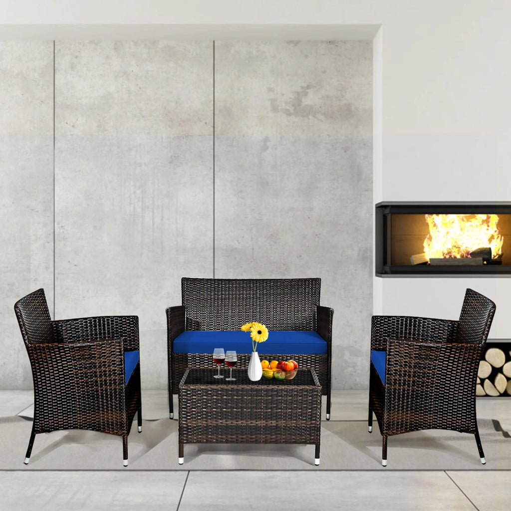 4 Pc Turquoise Cushioned Patio Rattan Conversation Furniture Set M672