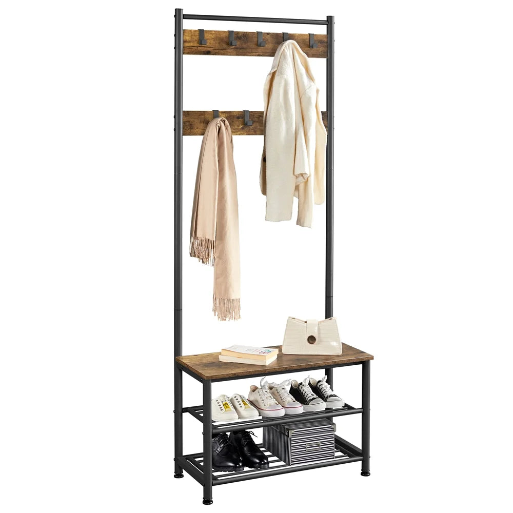 Rustic Brown Wooden Entryway Coat Rack with Shoe Storage Bench V918